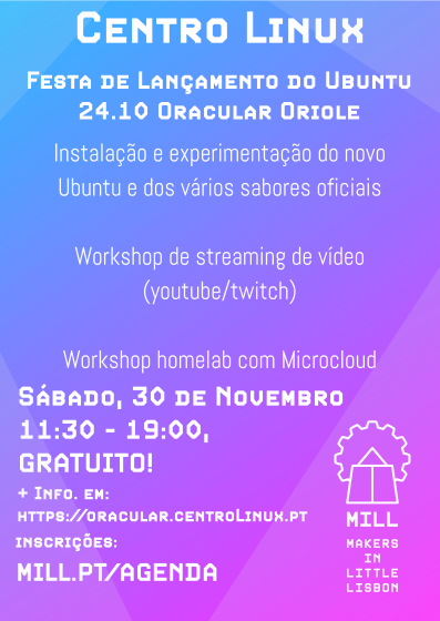 Cartaz do evento do Centro Linux dedicado ao lançamento do Ubuntu 24.10 Oracular Oriole